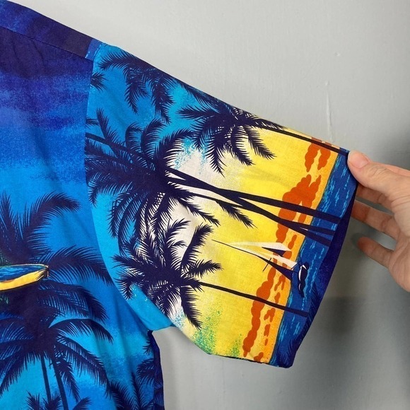 𝅺vintage Shoreline Hawaii Blue Beach Sunset Cotton Button Up Shirt Men's Size XL - Picture 7 of 12